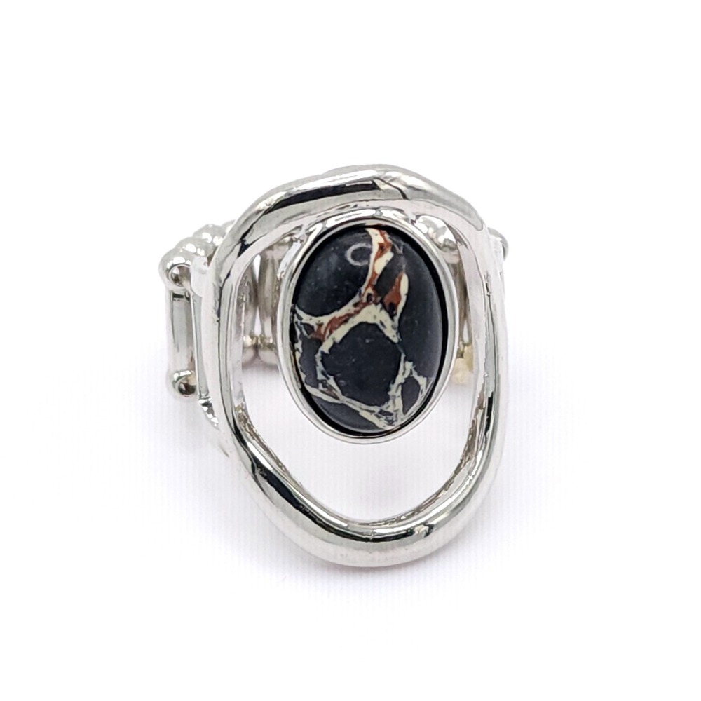 Paparazzi Marble Mecca Ring – Silver Tone Adjustable Black Oval Stone Jewelry